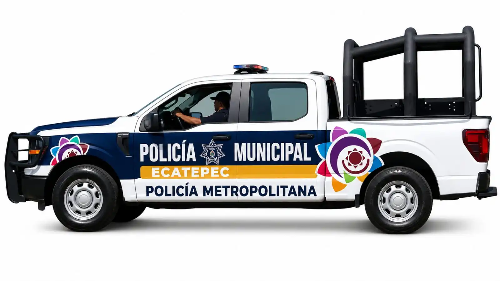 Patrulla de la Policía Metropolitana de Ecatepec, blanca con franja azul marino y la leyenda Policía Municipal Ecatepec Policía Metropolitana